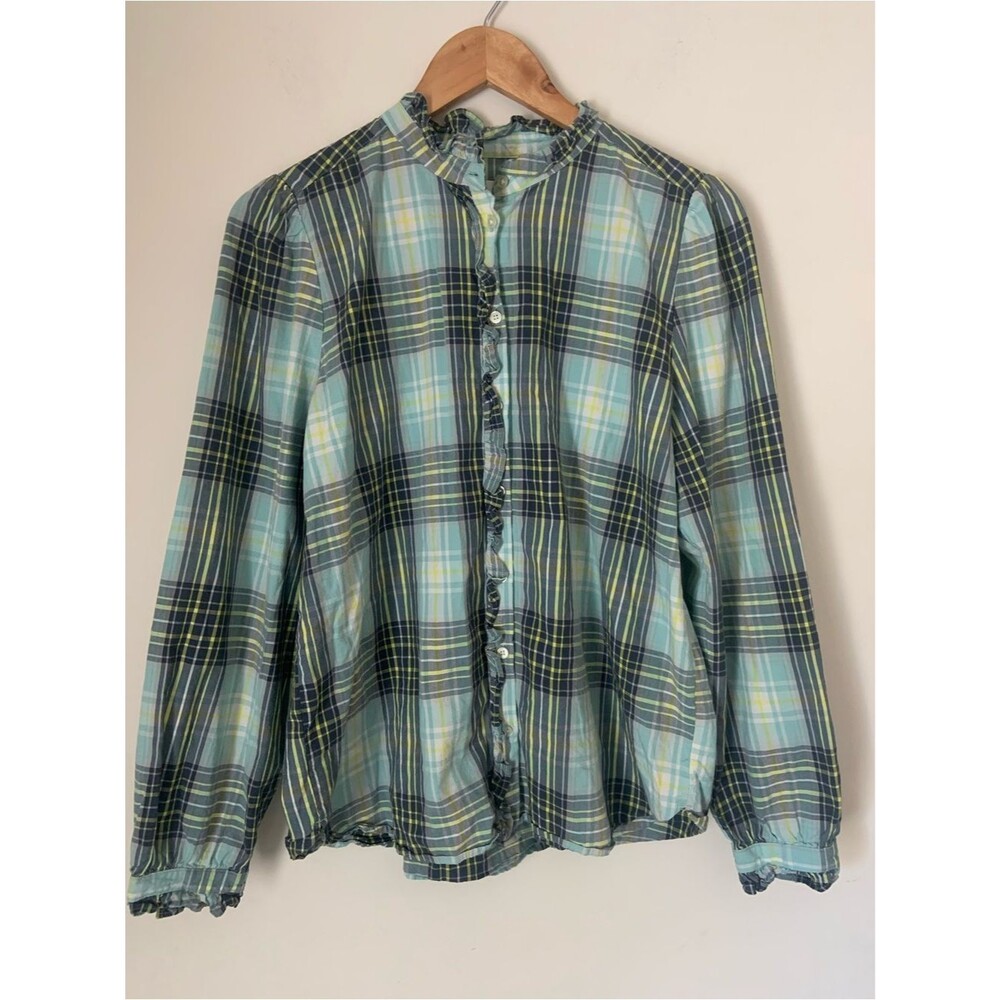 LOFT Plaid Preppy Button Front Ruffle Detail Shirt in Teal Navy Yellow Green M